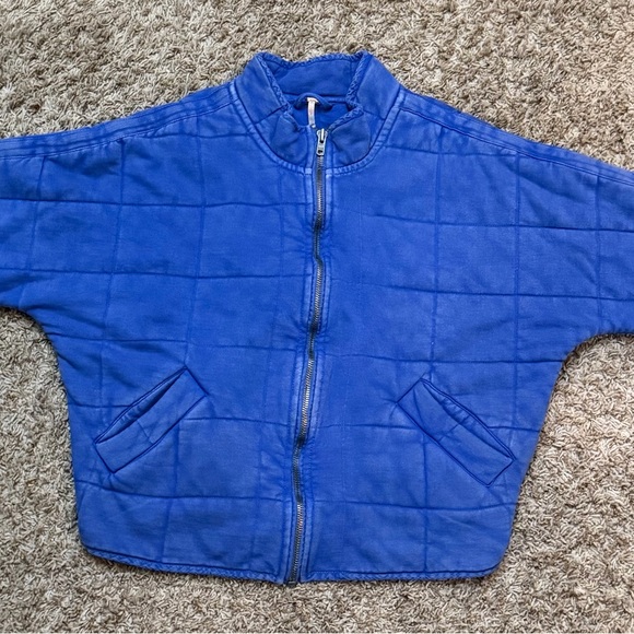 Free People Quilted Blue Zip Jacket with Pockets Relaxed Fit Long Sleeve S/P - Picture 2 of 14